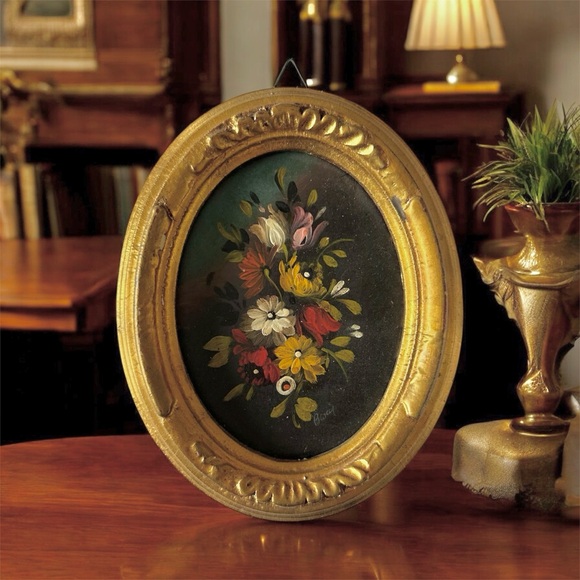 Vintage Other - Vintage 50's Signed Oval Gold Frame Floral Oil Painting Hand Painted Italian Art